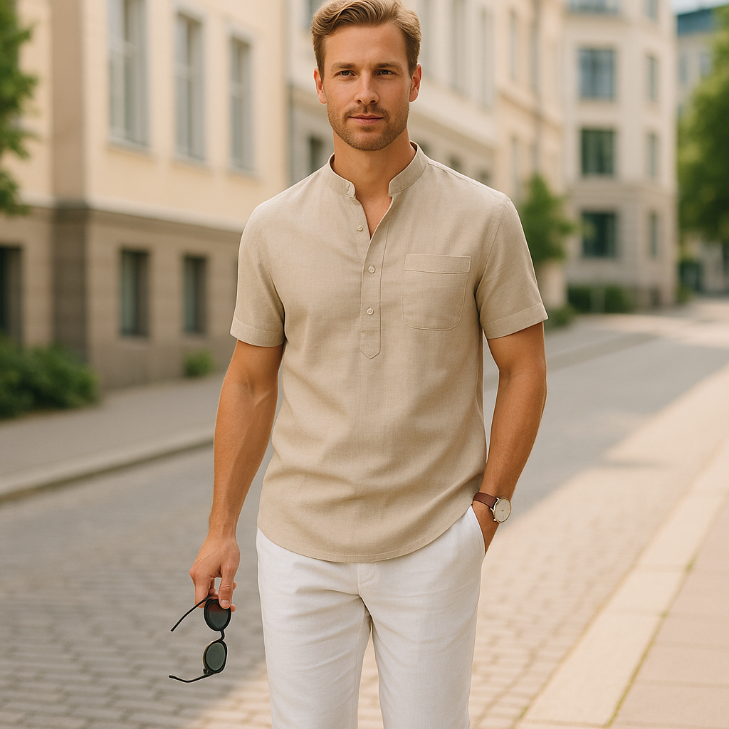 Miesten puuvilla-pellava Henley-paita