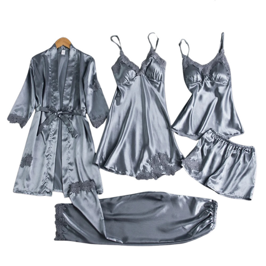 5-in-1 satiinityylinen yöasusetti | Satiinityylinen yöpaita ja pyjamat | Ylelliset yöasut naisille 4