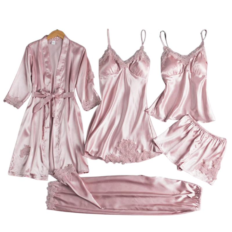 5-in-1 satiinityylinen yöasusetti | Satiinityylinen yöpaita ja pyjamat | Ylelliset yöasut naisille 6