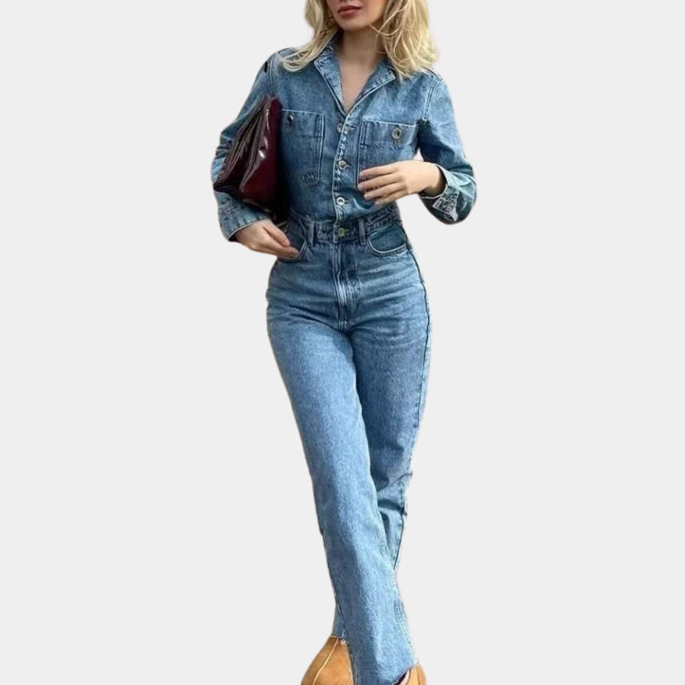 Naisten Farkkuhyppypuku Pitkät Hihat Polyesteri Denim-1