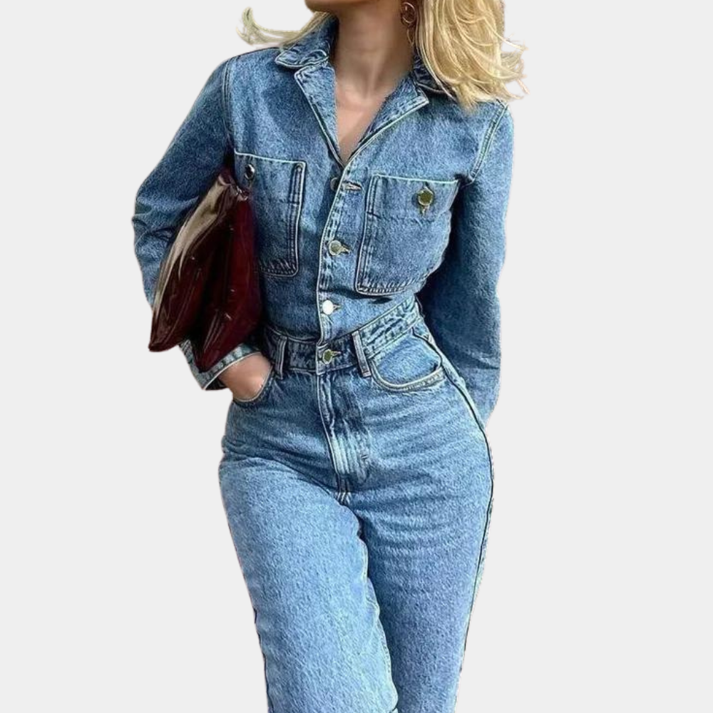 Naisten Farkkuhyppypuku Pitkät Hihat Polyesteri Denim-2