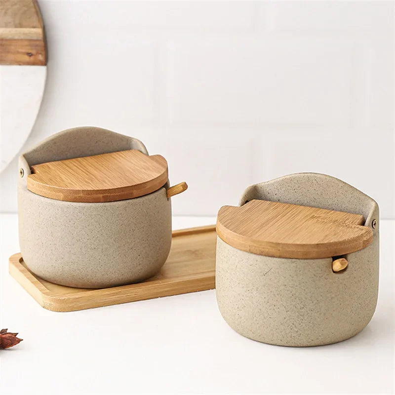 Japanilaistyylinen Keraaminen Maustepurkki Bambukannella 0