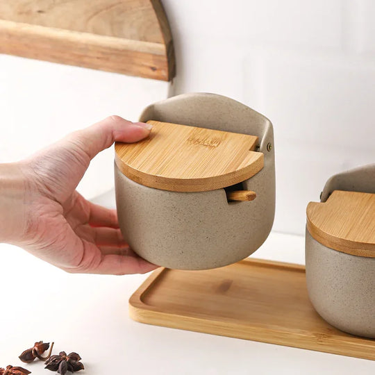 Japanilaistyylinen Keraaminen Maustepurkki Bambukannella 3