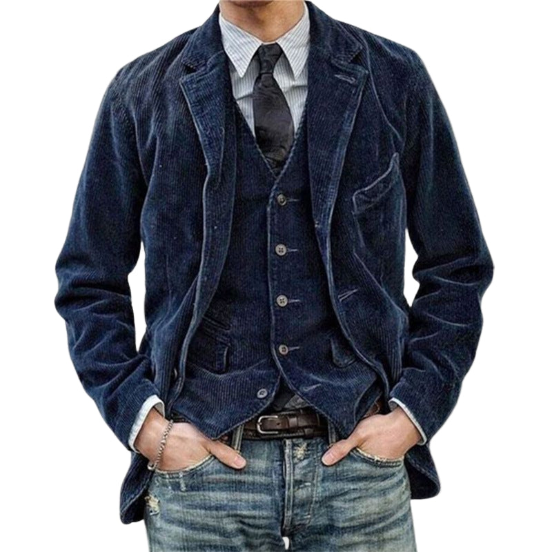 Miesten Cord-Blazer ja Vestiyhdistelmä Modernilla Corduroy Materiaalilla 0