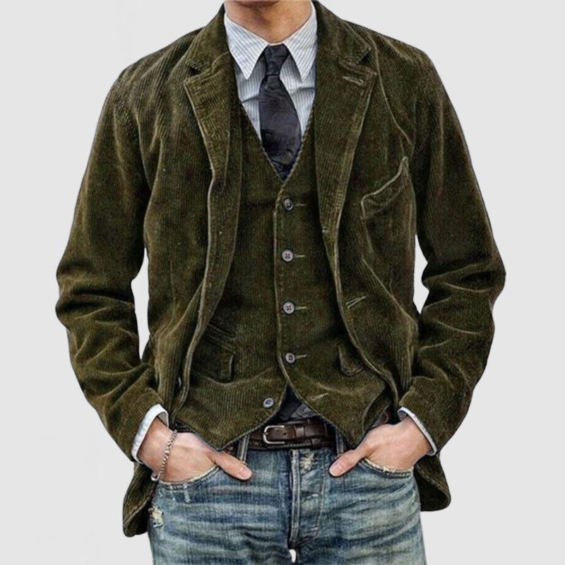 Miesten Cord-Blazer ja Vestiyhdistelmä Modernilla Corduroy Materiaalilla 1