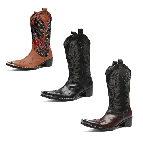 Miesten Cowboy-kengät Metallikärjellä Kirjailuilla Nahka 0