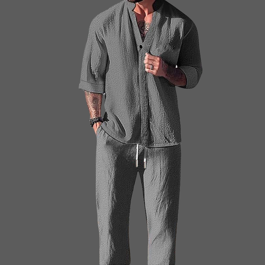 Miesten Loungewear Setti V-kaula-aukko Puuvilla Pellava Sekoitus 2