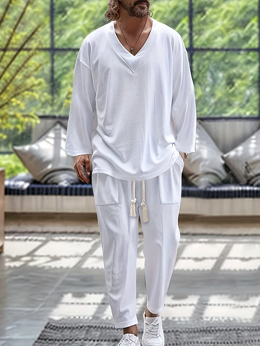 Miesten Loungewear Setti V-kaula-aukkoinen Pitkähiha Toppi Puuvillasekoite 1