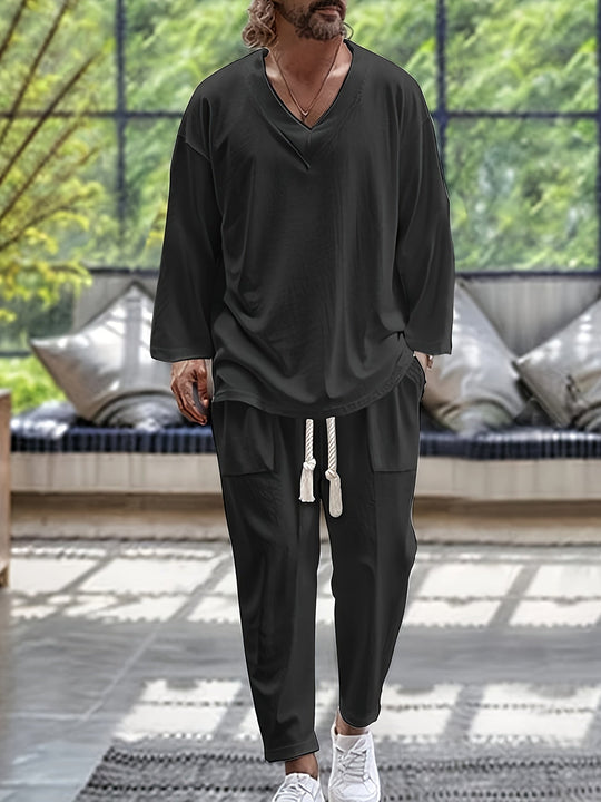 Miesten Loungewear Setti V-kaula-aukkoinen Pitkähiha Toppi Puuvillasekoite 3