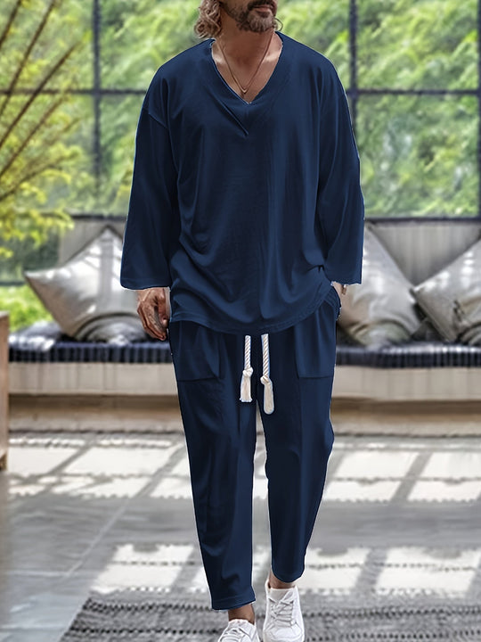Miesten Loungewear Setti V-kaula-aukkoinen Pitkähiha Toppi Puuvillasekoite 4