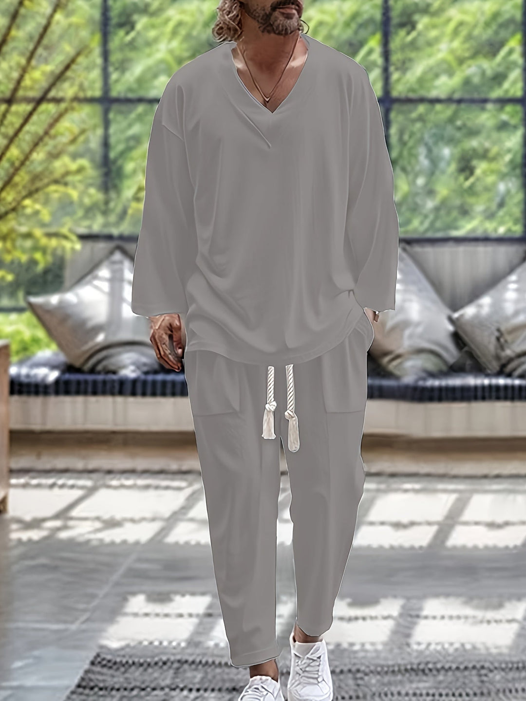 Miesten Loungewear Setti V-kaula-aukkoinen Pitkähiha Toppi Puuvillasekoite 5