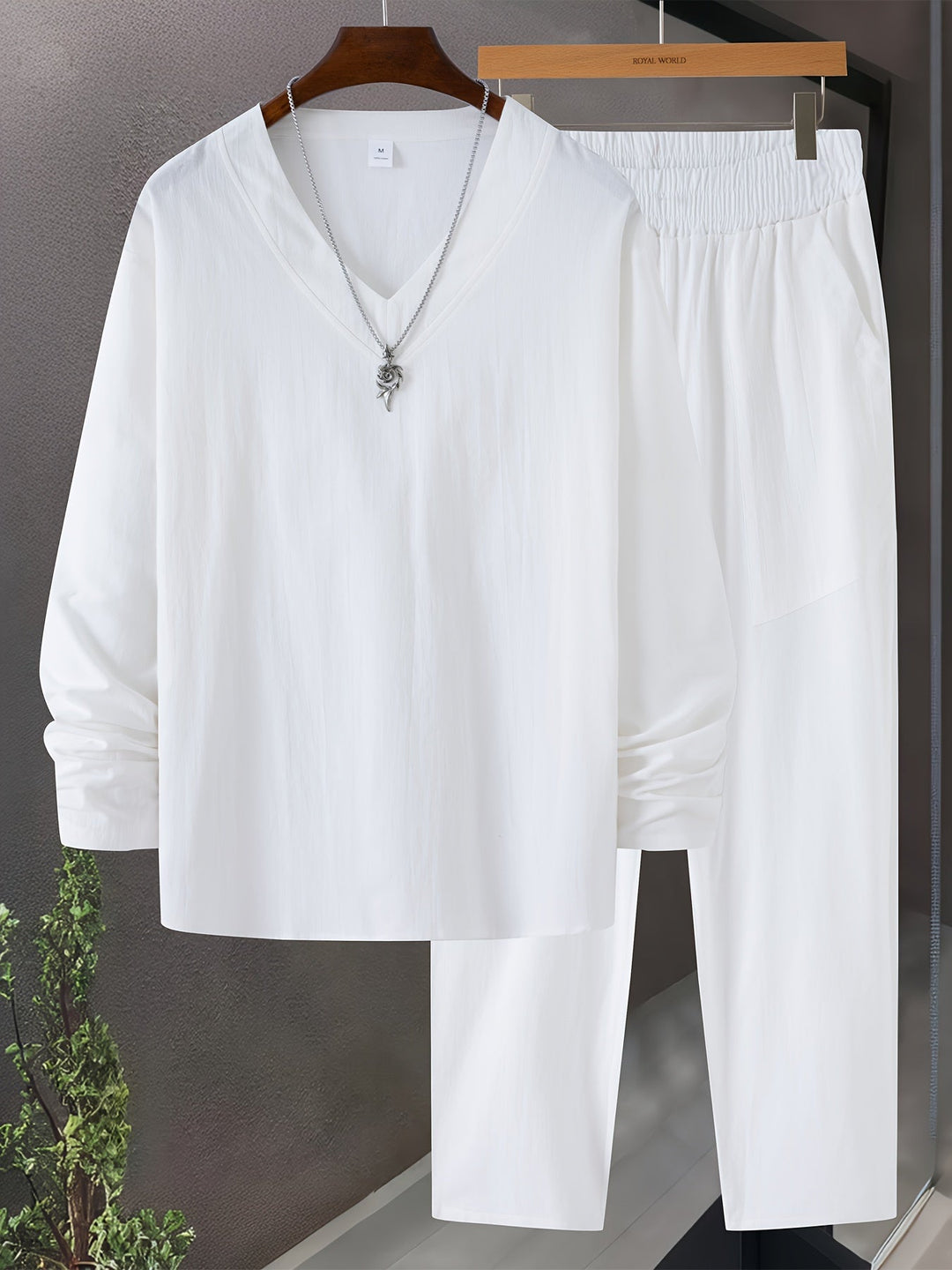 Miesten Loungewear Setti V-kaula-aukkoinen Pitkähiha Toppi Puuvillasekoite 7