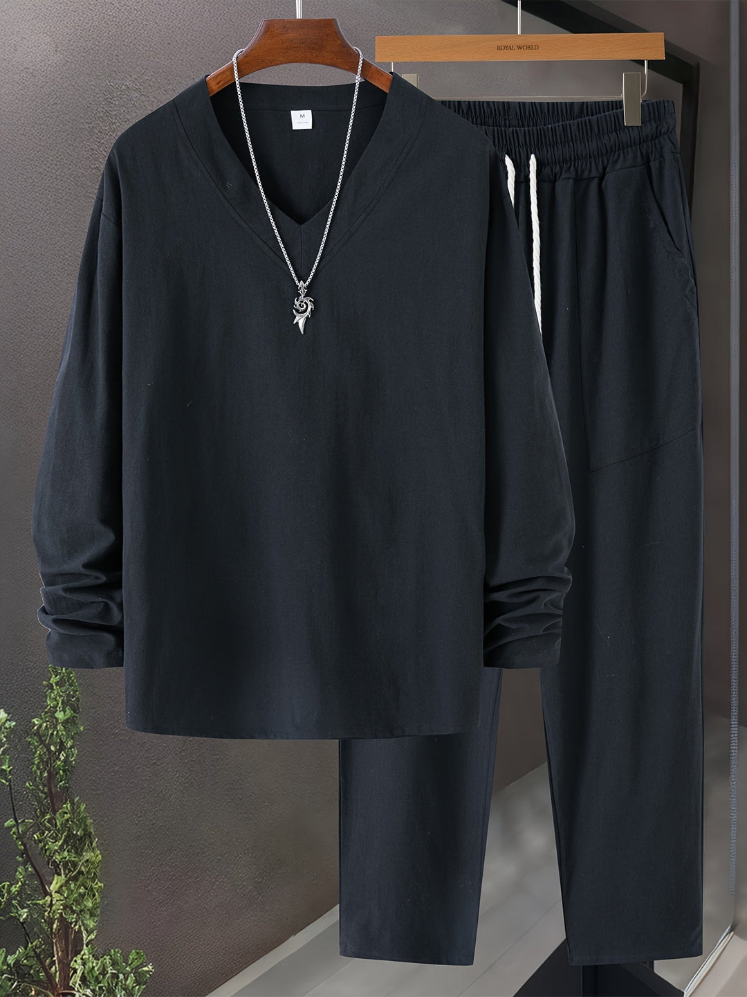 Miesten Loungewear Setti V-kaula-aukkoinen Pitkähiha Toppi Puuvillasekoite 8