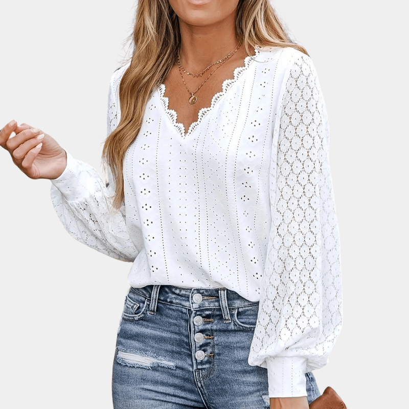 Naisten Blouse V-pääntiö ja pitsiyksityiskohdat 1