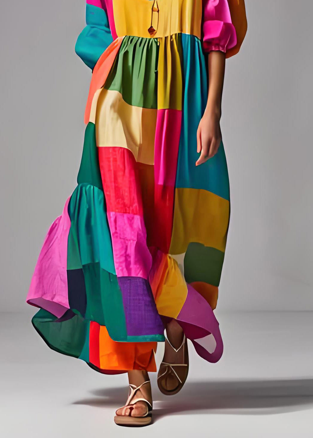 Naisten Colorblock Puff Sleeve Mekko 4