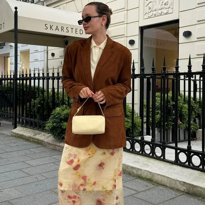 Naisten Cropped Blazer Takki Pitkät Hihat Ruskea 2