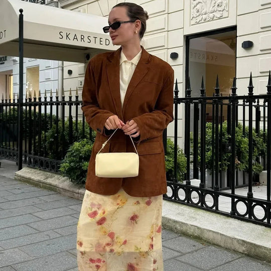 Naisten Cropped Blazer Takki Pitkät Hihat Ruskea 2