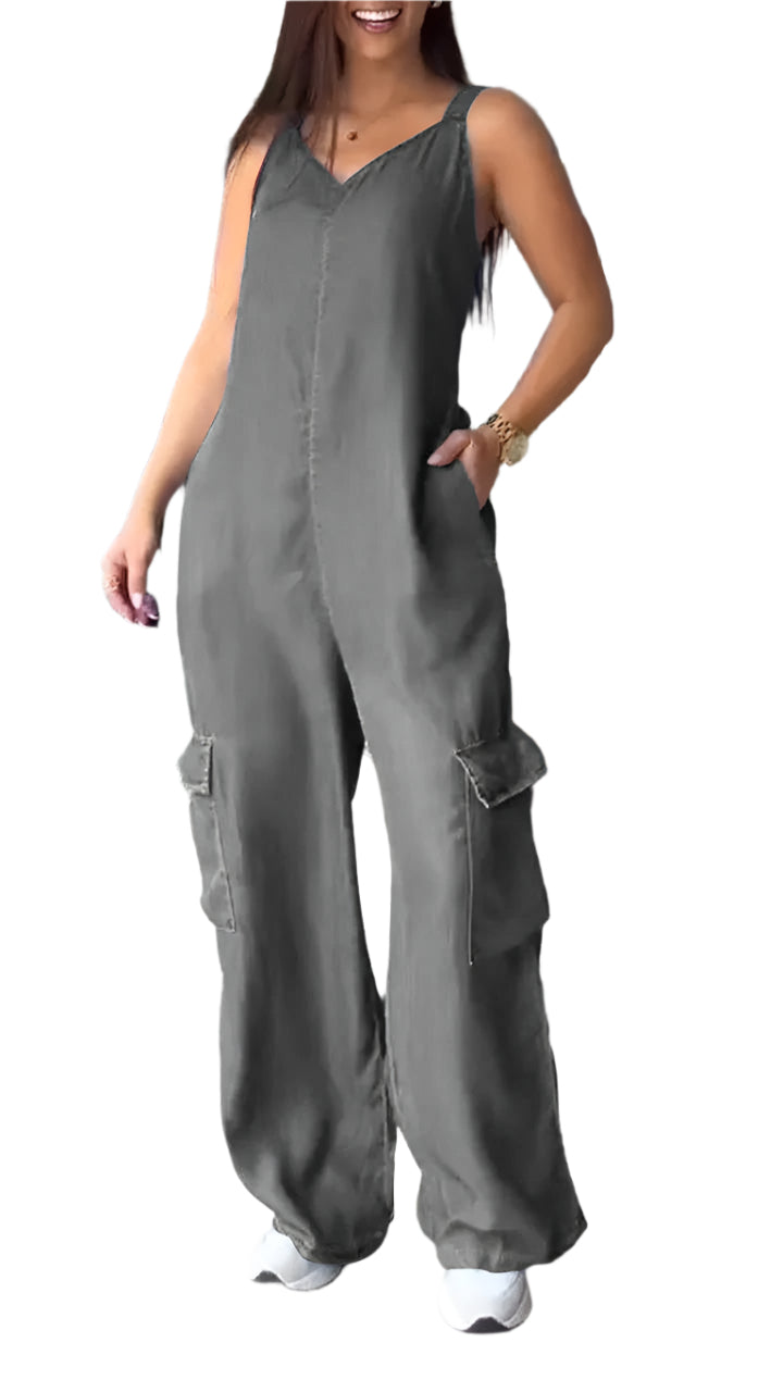 Naisten Denim Jumpsuit V-halkio ja Avonaiset Olkaimet 0