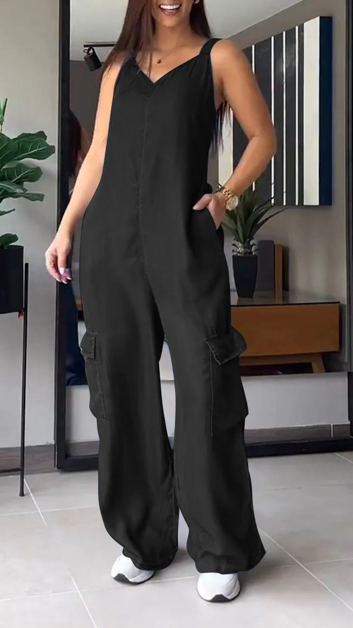 Naisten Denim Jumpsuit V-halkio ja Avonaiset Olkaimet 1