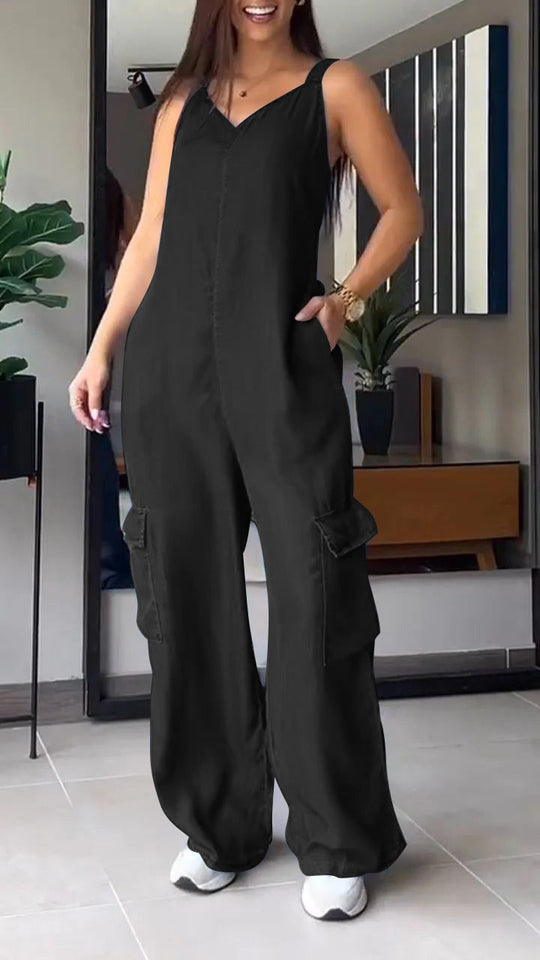 Naisten Denim Jumpsuit V-halkio ja Avonaiset Olkaimet 1