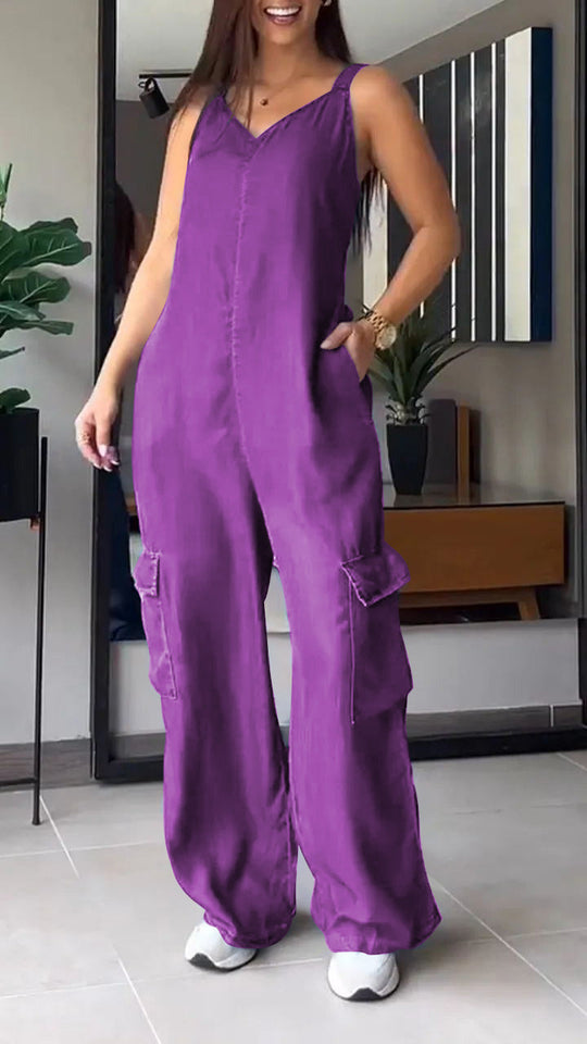 Naisten Denim Jumpsuit V-halkio ja Avonaiset Olkaimet 12
