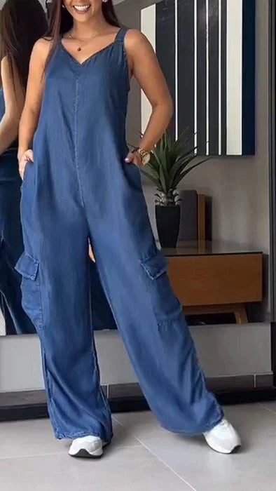 Naisten Denim Jumpsuit V-halkio ja Avonaiset Olkaimet 3