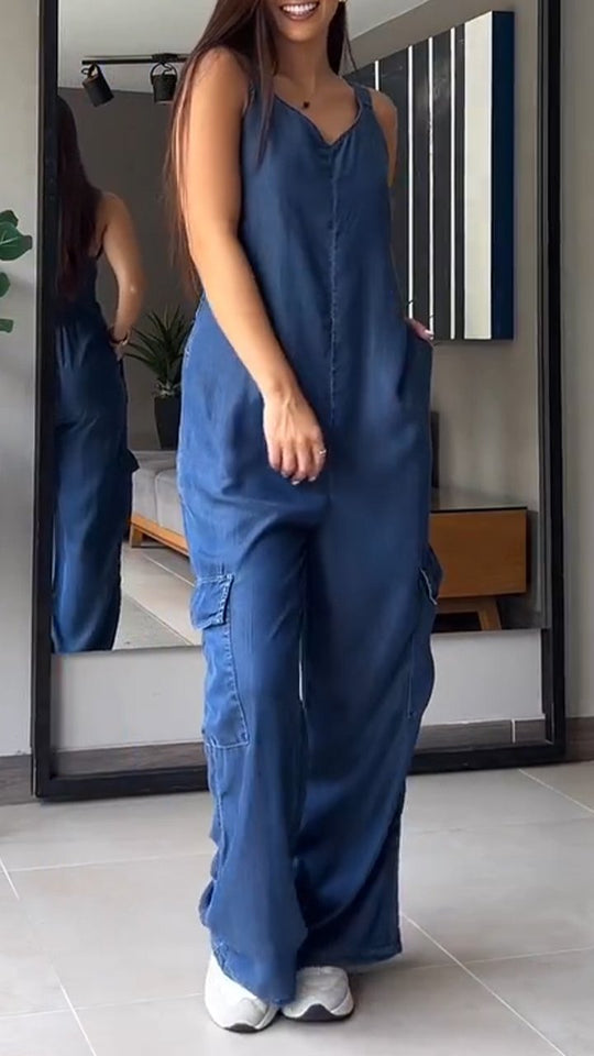 Naisten Denim Jumpsuit V-halkio ja Avonaiset Olkaimet 4