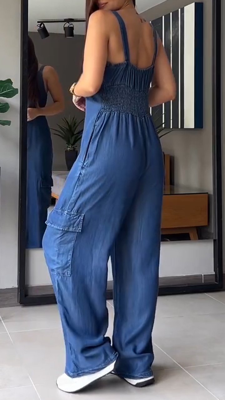 Naisten Denim Jumpsuit V-halkio ja Avonaiset Olkaimet 5