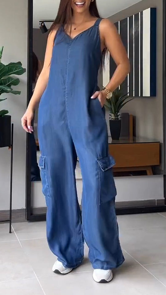 Naisten Denim Jumpsuit V-halkio ja Avonaiset Olkaimet 7