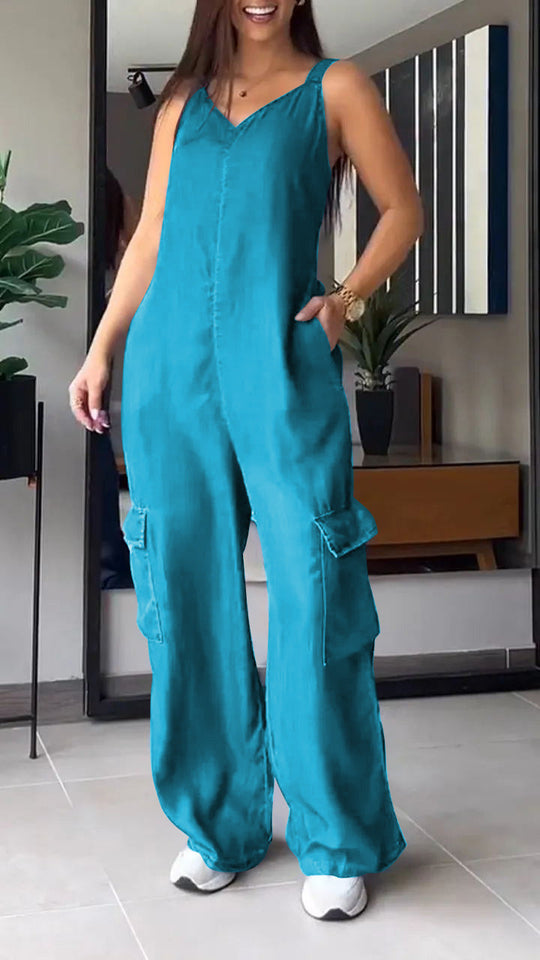 Naisten Denim Jumpsuit V-halkio ja Avonaiset Olkaimet 8