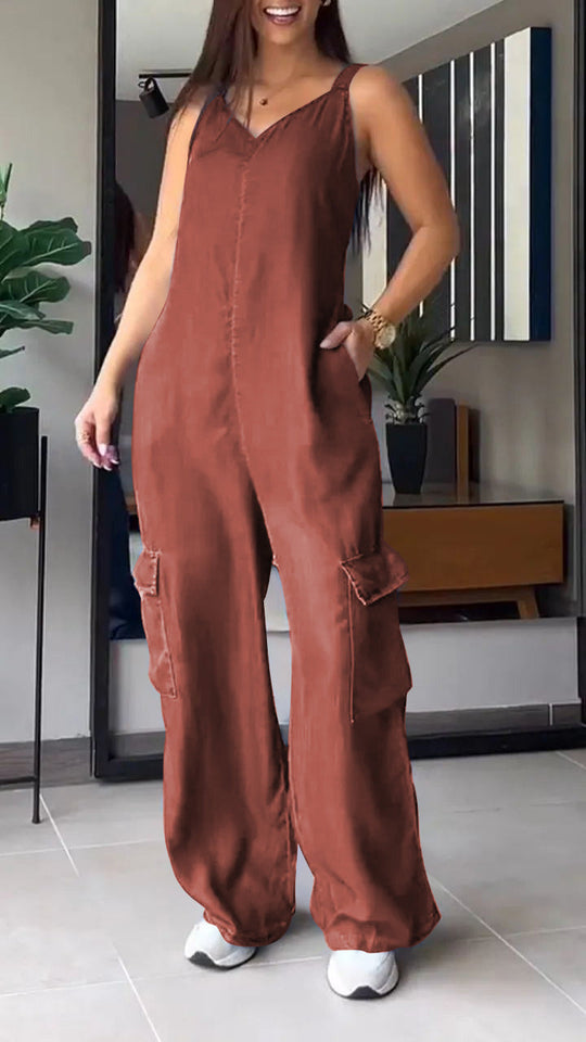 Naisten Denim Jumpsuit V-halkio ja Avonaiset Olkaimet 9
