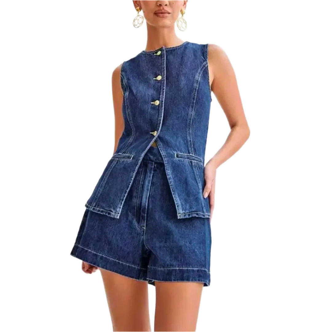 Naisten Denim Setti Hihaton Paita Korkeavyötäröiset Shortsit Denim 0