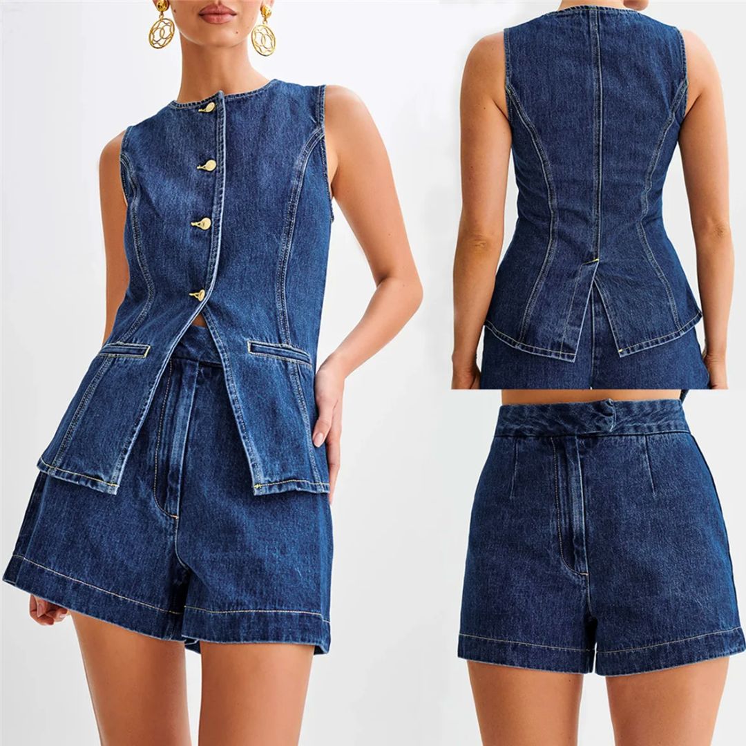 Naisten Denim Setti Hihaton Paita Korkeavyötäröiset Shortsit Denim 1