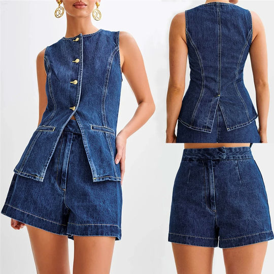 Naisten Denim Setti Hihaton Paita Korkeavyötäröiset Shortsit Denim 1