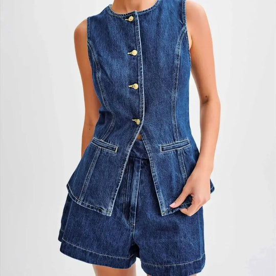 Naisten Denim Setti Hihaton Paita Korkeavyötäröiset Shortsit Denim 2