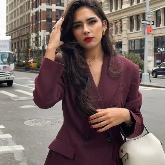 Naisten Double-Breasted Blazer Takki Burgundin Värinen 3