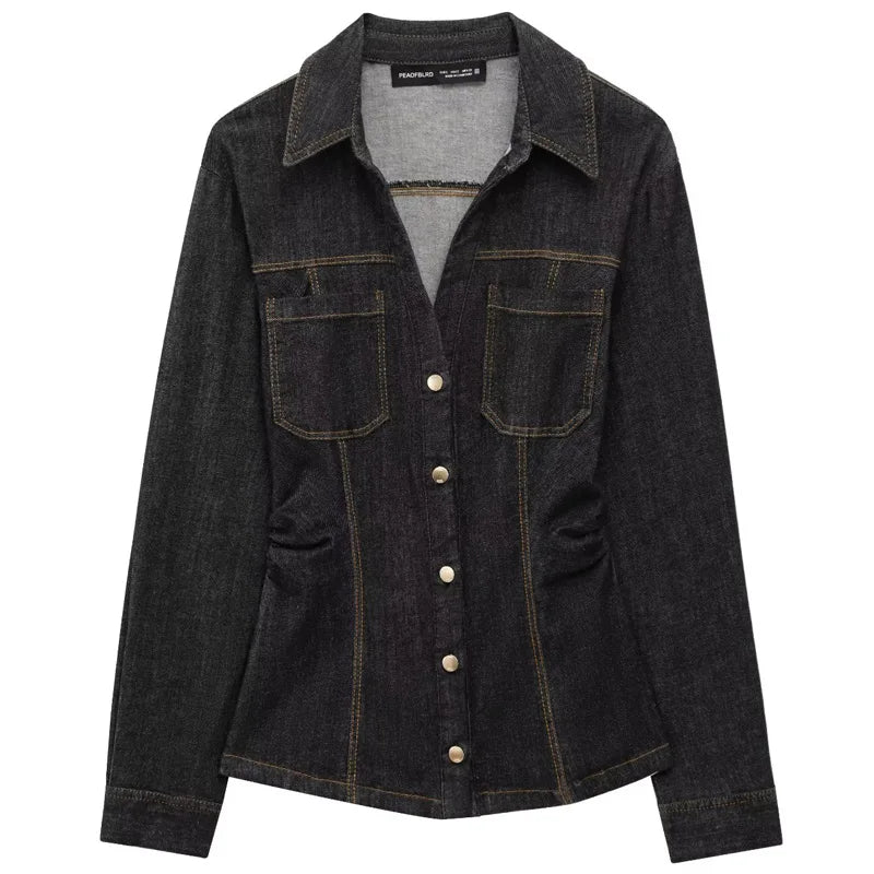 Naisten Musta Denim Kahden Osan Setti Pitkähihainen Paita ja Leveälahkeiset Housut 0