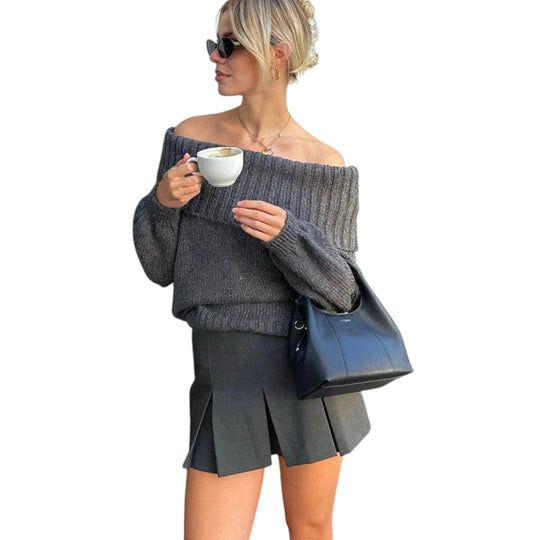 Naisten Neulottu Villapaita Off-Olkapäillä Trendikäs Taitettu Kaula 1