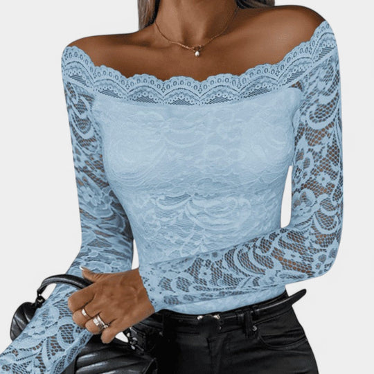 Naisten Off-Shoulder Pitsitoppi Pitkät Hihat Elastinen Kangassekoitus 4