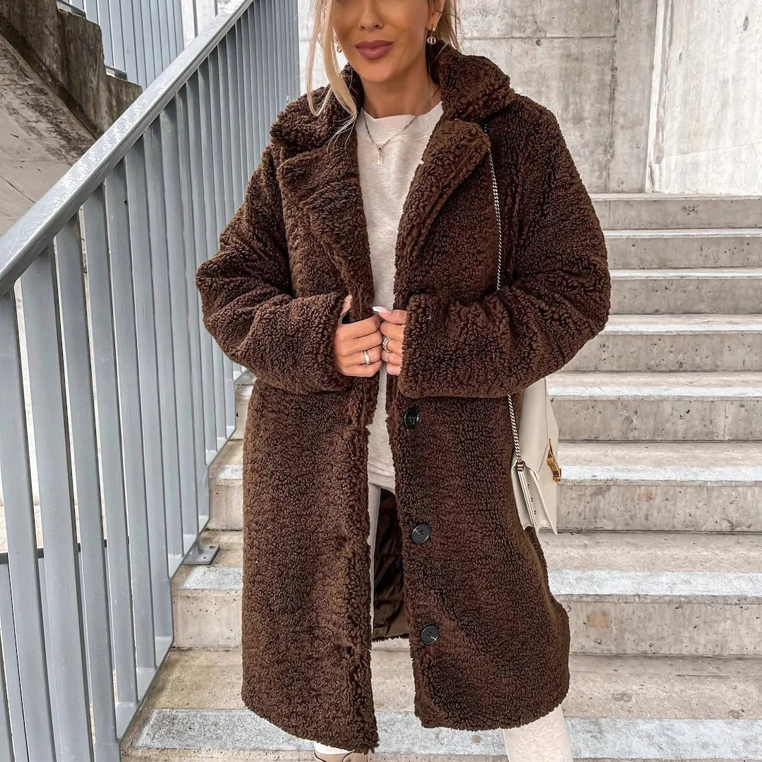 Naisten Pitkä Teddy Takki – Ylisuuri Istuvuus – Tekonahka – Notched Lapel – Napitus 3
