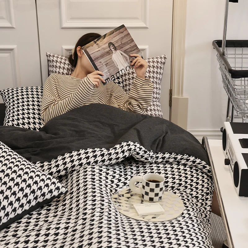 Naisten Pussilakanasetti Käännettävällä Houndstooth-kuviolla 0