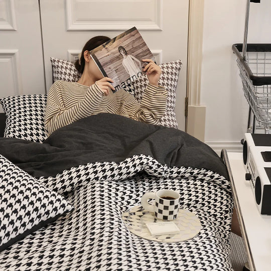 Naisten Pussilakanasetti Käännettävällä Houndstooth-kuviolla 0