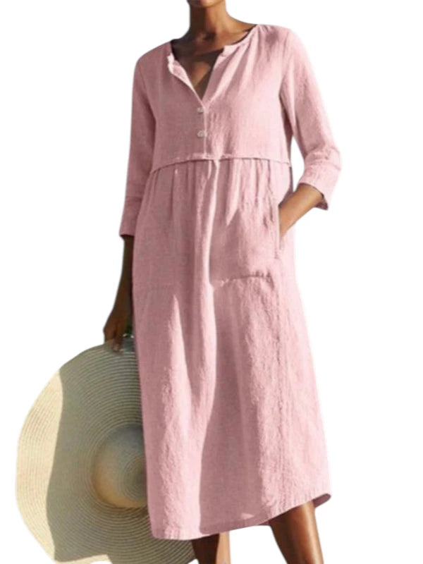Naisten Pyöreä Kaula Napillinen Tasku Puuvilla Pellava Pitkähiha Dress 0