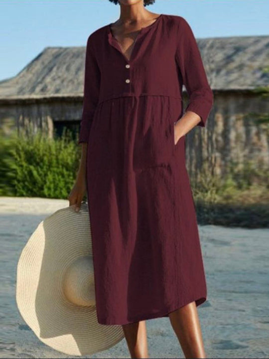 Naisten Pyöreä Kaula Napillinen Tasku Puuvilla Pellava Pitkähiha Dress 4