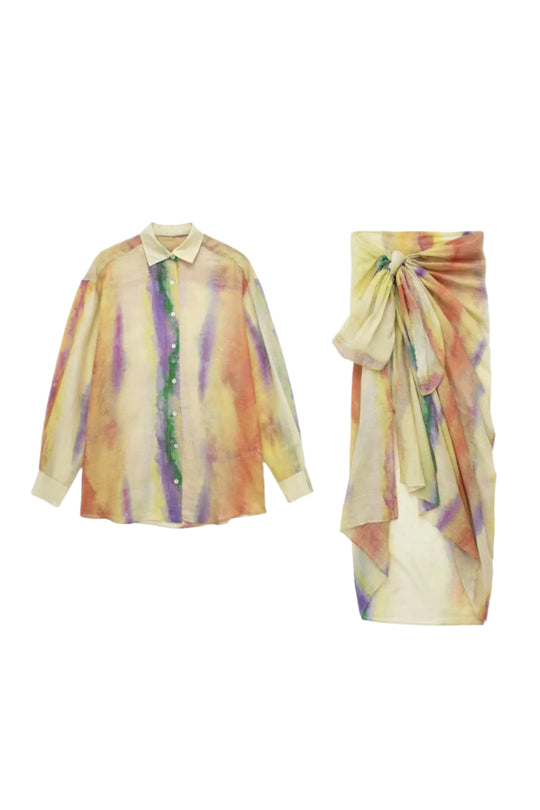 Naisten Tie-Dye Pitkähihaiset Paita ja Solmittu Hame Setti 0