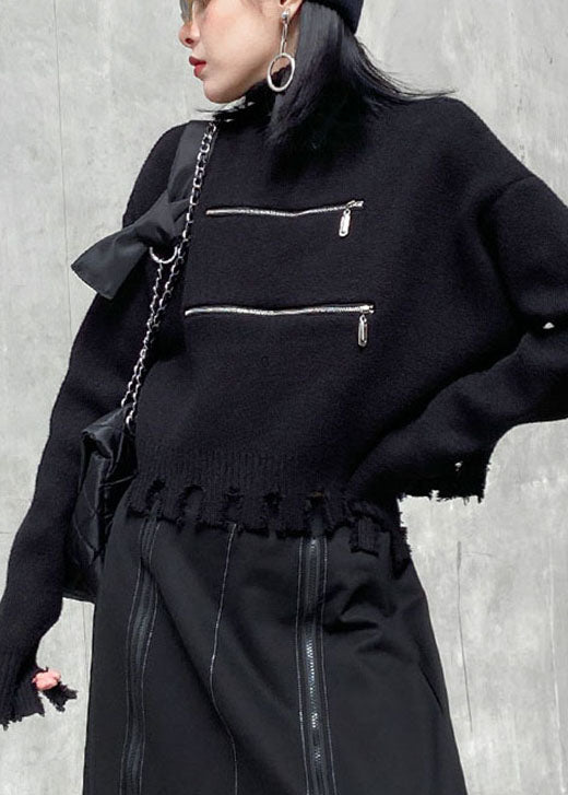 Naisten Vetoketjullinen Musta Villapaita Tupsuilla 0