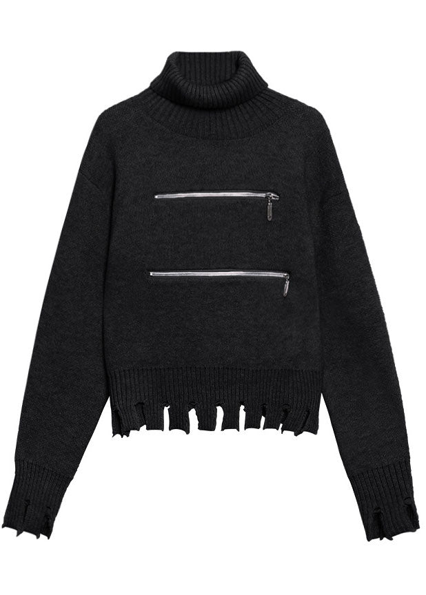 Naisten Vetoketjullinen Musta Villapaita Tupsuilla 4