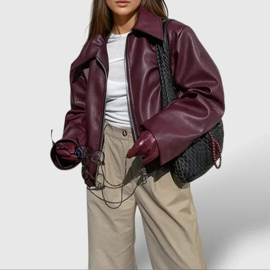 Naisten Vetoketjullinen Nahkatakki Seisovalla Kauluksella 1