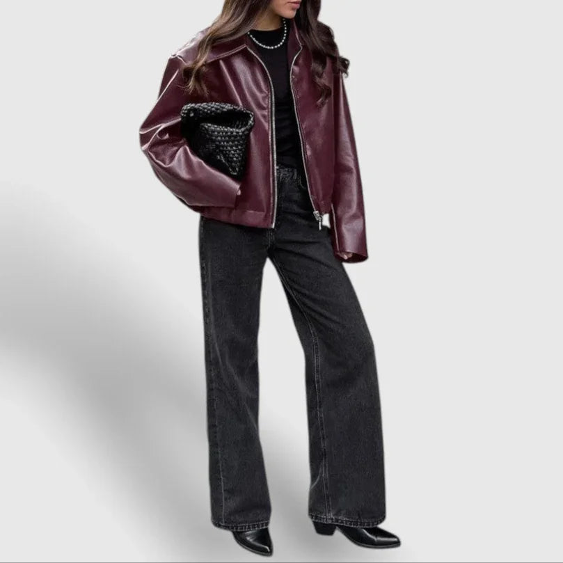 Naisten Vetoketjullinen Nahkatakki Seisovalla Kauluksella 2