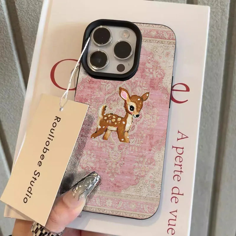 Naisten Vintage Flower Deer Puhelinkotelo iPhone 11-17 ja Air Pro Max 9